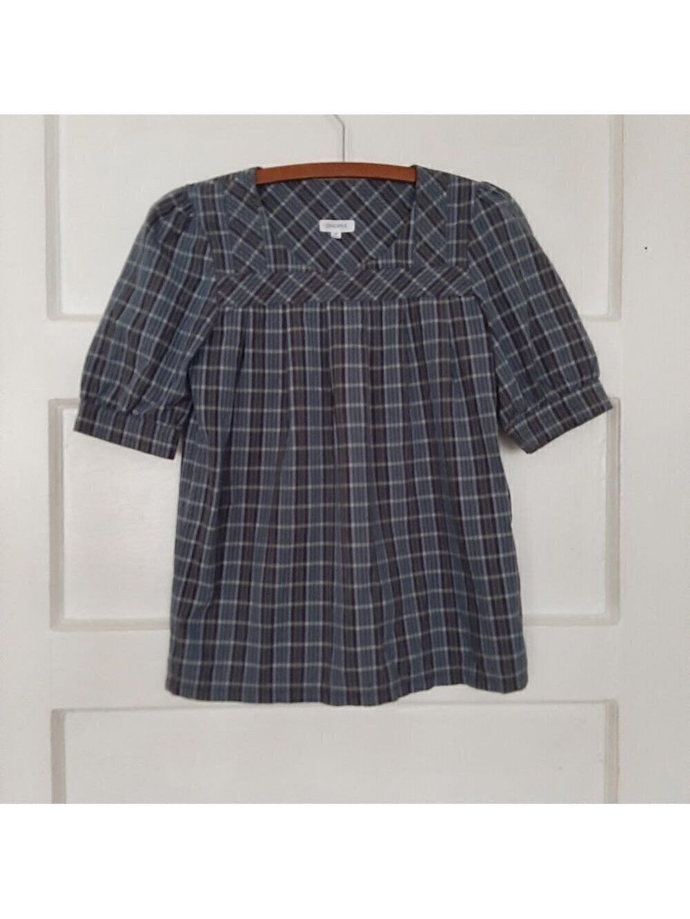 Generra Plaid Square Neck Popover Blouse Top